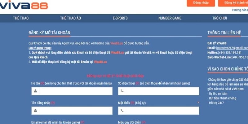 Các bước đăng ký tài khoản vào nhà cái Viva88